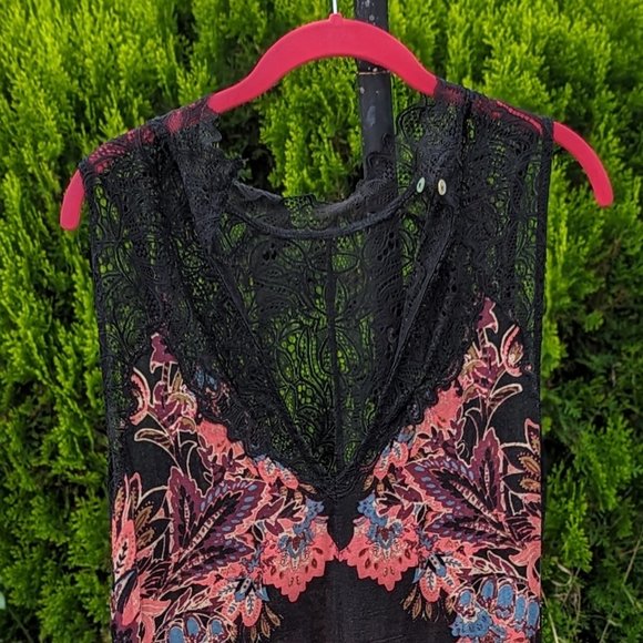 FREE PEOPLE Marsha Black Printed Lace flowy Slip Dress womens size Lg GUC - Picture 5 of 10